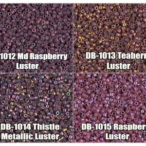 May include: Four close-up images of seed beads in different shades of purple with iridescent finishes. The beads are labeled with their product codes and descriptions: DB-1012 Md Raspberry Luster, DB-1013 Teaberry Luster, DB-1014 Thistle Metallic Luster, and DB-1015 Raspberry Luster.