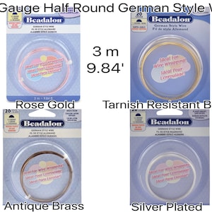 May include: Four spools of 20 gauge half round German style wire. The spools are labelled with the brand name Beadalon and the colours are Rose Gold, Tarnish Resistant Brass, Antique Brass, and Silver Plated. Each spool contains 3 metres (9.84 feet) of wire.
