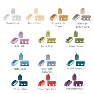 May include: A collection of pastel-colored beads in various shapes, including rectangular and pointed designs. Each color is labeled with its name, such as "Pastel White," "Pastel Cream," and "Pastel Aqua." These beads are likely for jewelry making or crafting.