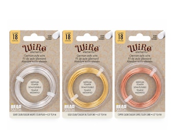 May include: Three packages of 18 gauge round German-style wire by Beadsmith. Each package contains 4.37 yards of semi-flexible medium temper wire in silver, gold, and copper colors, displayed on branded cardboard backing cards.