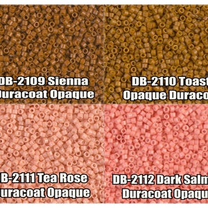 May include: Four close-up images of small, round, opaque plastic beads in different colors. The beads are labeled with their color and product code: DB-2109 Sienna Duracoat Opaque, DB-2110 Toast Opaque Duracoat, DB-2111 Tea Rose Duracoat Opaque, and DB-2112 Dark Salmon Duracoat Opaque.