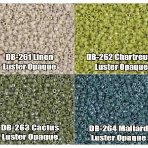 May include: Four different colors of seed beads, each in a separate square. The colors are linen, chartreuse, cactus, and mallard. Each square has the color name and the text "Luster Opaque".