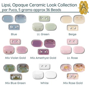 May include: A collection of 10 different colours of opaque ceramic look beads. The beads are oval shaped with two holes. The colours are blue, light green, beige, mix violet gold, mix amethyst gold, light rose, mix blue green, white, and mix rose gold.