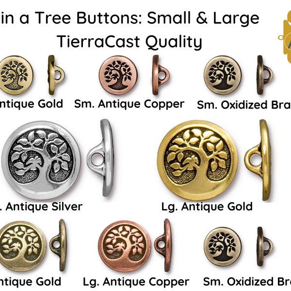 2 Pcs. BIRD in a Tree Button, TierraCast, Small or Large, Antique Silver, Gold, Copper or Brass