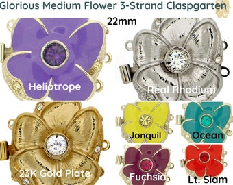 Claspgarten FLOWER, Medium 22mm, 3-strand box or tongue clasp, with Made in Austria crystals, 23K Gold or Rhodium plate