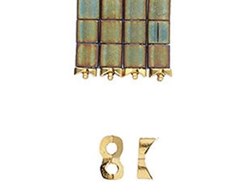 May include: A set of four gold-toned metal tile spacers with a green and brown mosaic design. The spacers are designed to be used with square tiles.