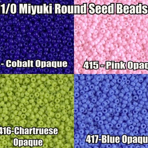 11/0 Miyuki Round Seed beads 8.5g, 23g, Cobalt Opaque 0414, Pink Opaque 0415, Chartruese Opaque 0416, Blue Opaque 0417