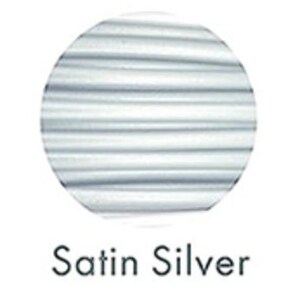 May include: A circular swatch of satin silver fabric with horizontal lines. The text "Satin Silver" is displayed below the swatch in a simple, sans-serif font. The fabric appears to have a subtle sheen.