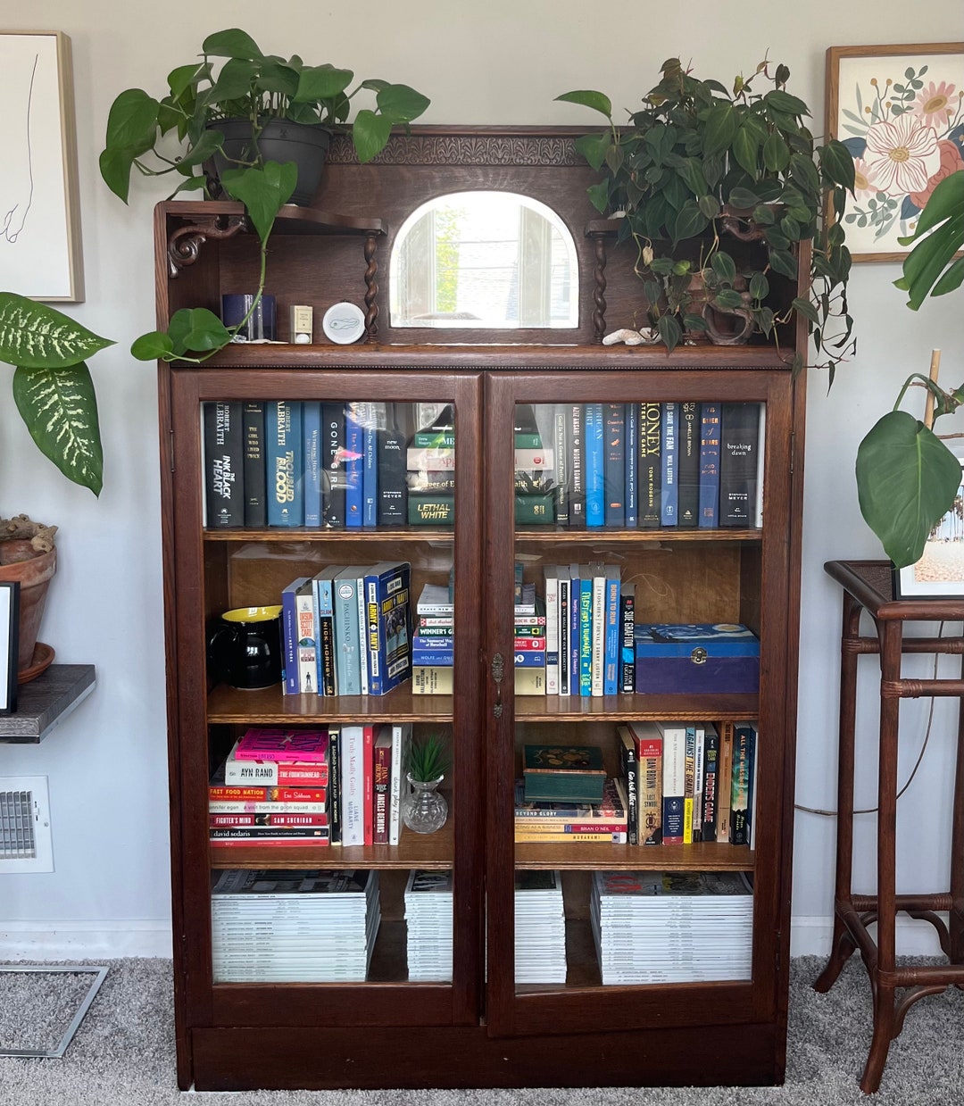 Antique Oak Bookcase With Glass Doors Etsy