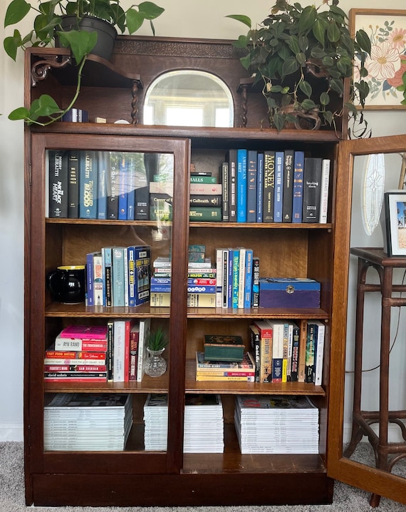 Antique Oak Bookcase With Glass Doors - Etsy Antique Oak Bookcase With Glass Doors - Etsy