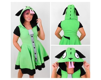 Gir Inspired Kigurumi Dress Handmade Invader Zim Cartoon Fleece Cosplay for Women, Comfy Halloween Costume, Custom Sizing Available