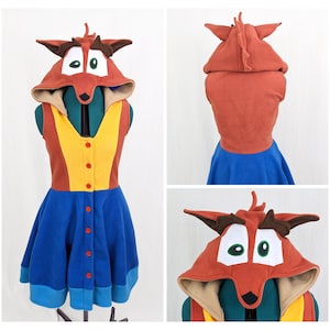 Crash Bandicoot Inspired Kigurumi Dress Handmade Retro Gaming Fleece Cosplay for Women, Comfy Halloween Costume, Custom Sizing Available