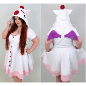 Moogle Inspired Kigurumi Dress Handmade Final Fantasy Fleece Cosplay for Women, Comfy Halloween Costume, Custom Sizing Available