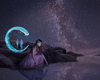 May include: A young person in a pink dress sits near water, touching the surface. The night sky is filled with stars, reflecting in the water. A logo with the text "Two Adventurous Souls" and a wave design is in the image.