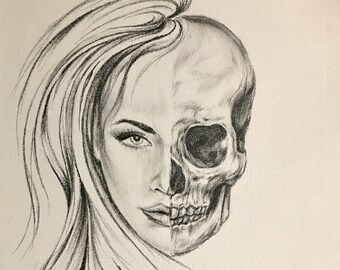 Original Drawing Beautiful Woman and Skull