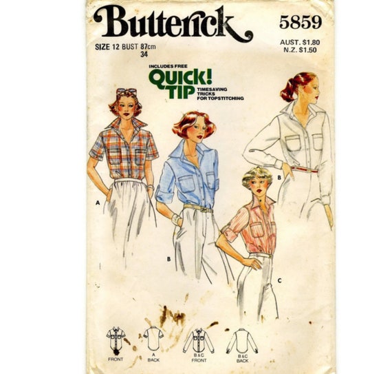 Women S Shirts Blouse Pattern Butterick 5859 Size 12 Etsy