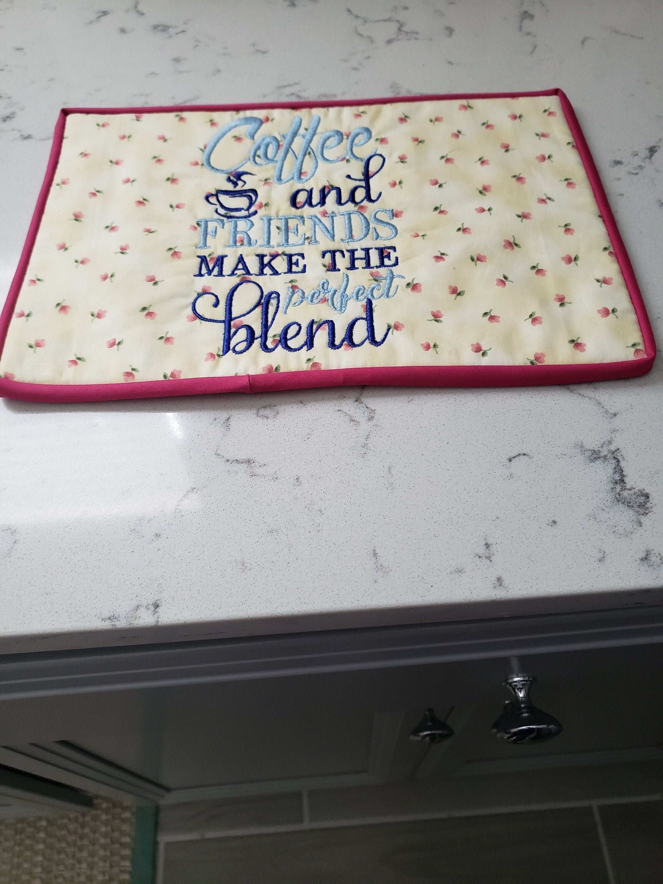 This embroidered mug mat/mug rug can be use to hold your Etsy