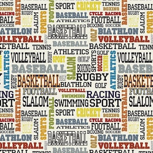 以下が含まれることがあります： カラフルなビンテージスタイルで、さまざまなスポーツの言葉が並んだシームレスなパターン。言葉には、「野球」、「バスケットボール」、「サッカー」、「バレーボール」、「ラグビー」、「テニス」、「ゴルフ」、「水泳」、「陸上競技」、「レース」、「スラローム」、「ボクシング」、「クリケット」、「バイアスロン」などがあります。