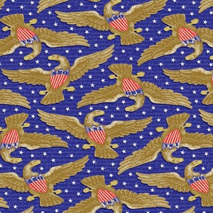 May include: A repeating pattern featuring golden eagles with outstretched wings, each holding a shield with red and white stripes and the text "USA". The background is a deep blue with white stars and faint script.