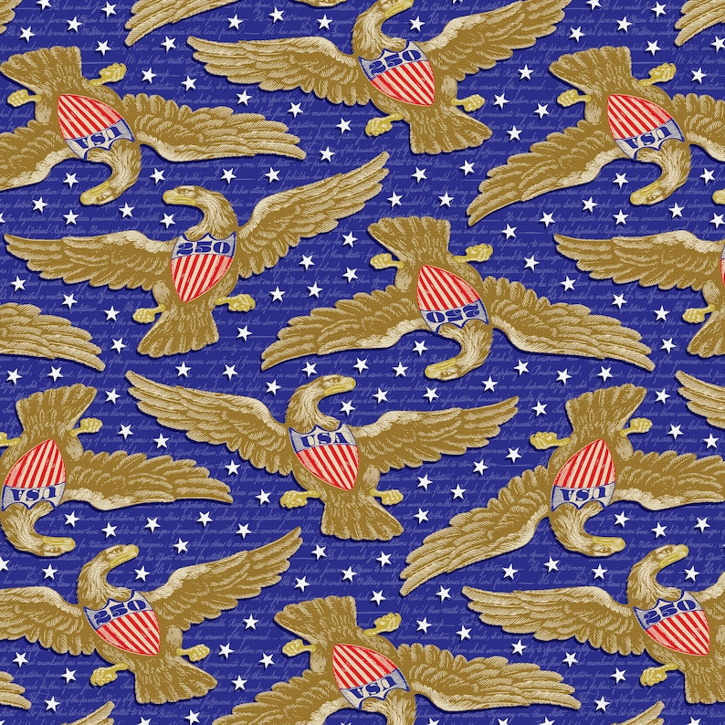 May include: A repeating pattern featuring golden eagles with outstretched wings, each holding a shield with red and white stripes and the text "USA". The background is a deep blue with white stars and faint script.