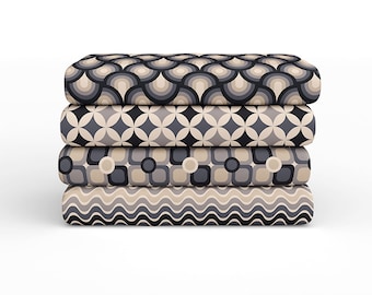 May include: Four fabric swatches with geometric patterns in shades of gray and beige. The patterns include waves, squares, circles, and stars.
