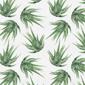 May include: A seamless pattern featuring a repeating design of green succulent plants with white stripes on a white background.