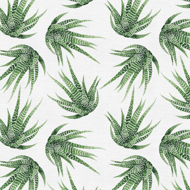 May include: A seamless pattern featuring a repeating design of green succulent plants with white stripes on a white background.