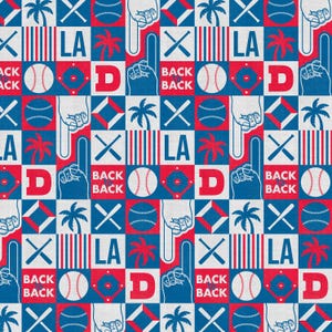 May include: A repeating pattern featuring baseball-themed elements in red, white, and blue. The design includes baseballs, bats, palm trees, the letters "LA" and "D", and the phrase "BACK BACK".