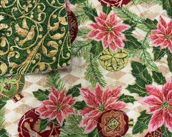 Peace on Earth Christmas Poinsettias Pre-Quilted Fabric by the Yard