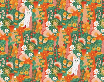 Floral Cat Cotton Fabric by the Yard – Whimsical Poppies & Wildflowers with Cat Heads