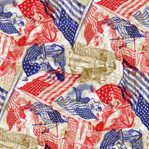 May include: A repeating pattern featuring American flags in red, white, and blue. The design includes illustrations of figures and anchors, creating a vintage, patriotic theme. The flags have stars and stripes.