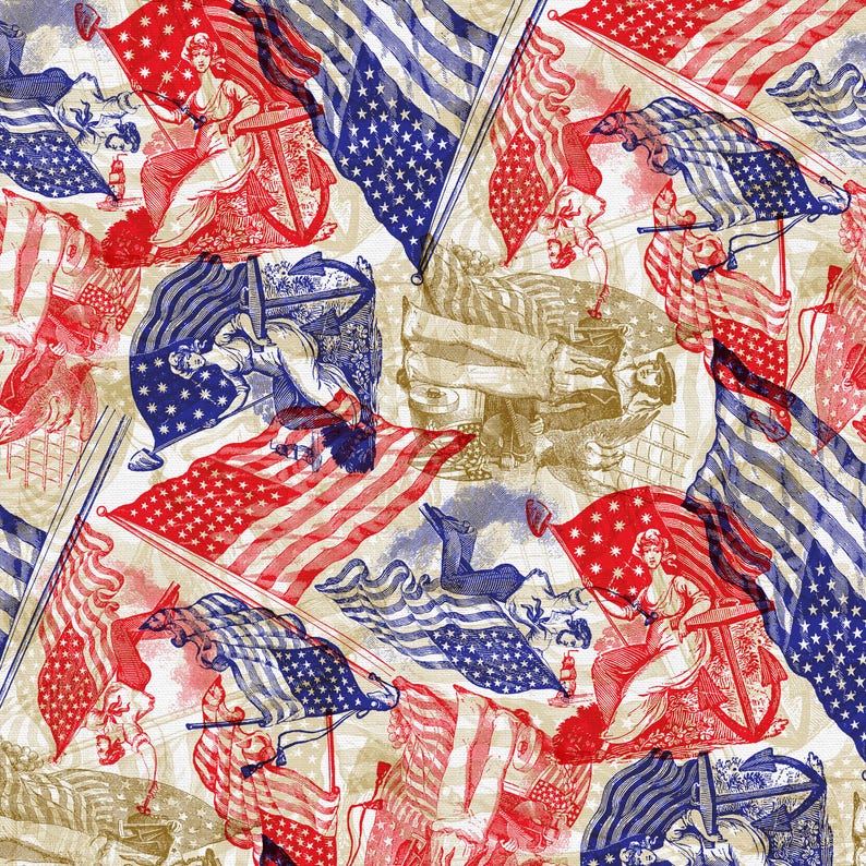 May include: A repeating pattern featuring American flags in red, white, and blue. The design includes illustrations of figures and anchors, creating a vintage, patriotic theme. The flags have stars and stripes.