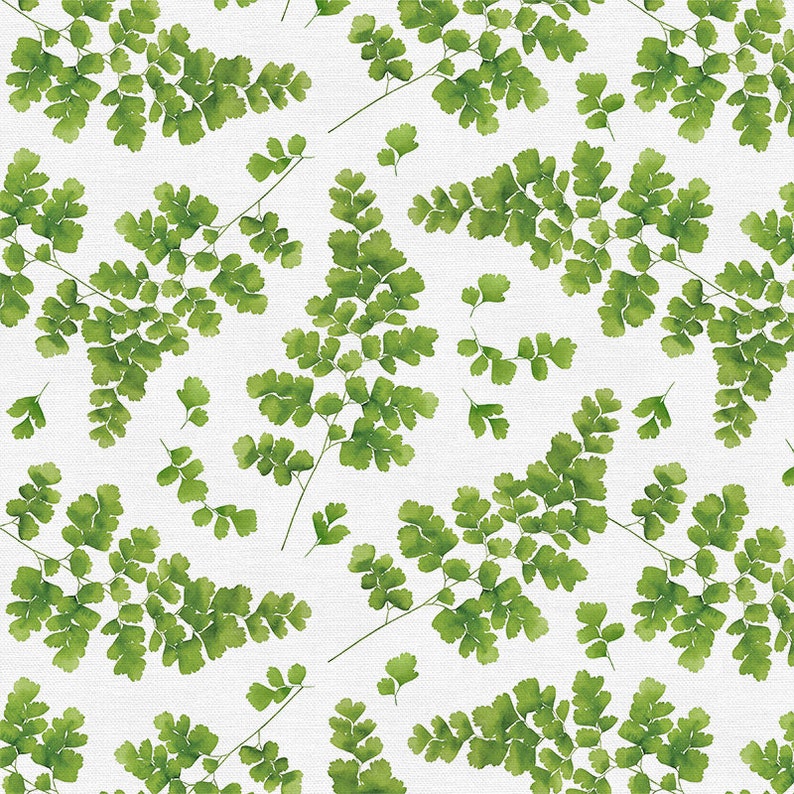 May include: A seamless pattern featuring watercolor illustrations of green ferns on a white background. The ferns are arranged in a repeating pattern, creating a delicate and natural design.