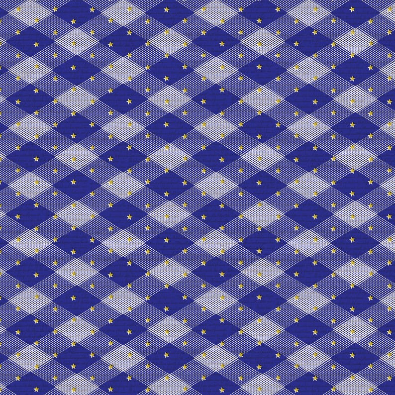 May include: A seamless pattern featuring a blue and white diamond grid design, overlaid with small gold stars. The pattern has a textured appearance, creating a visually appealing and dynamic surface. The design is suitable for various applications, including fabric, wallpaper, or digital backgrounds.