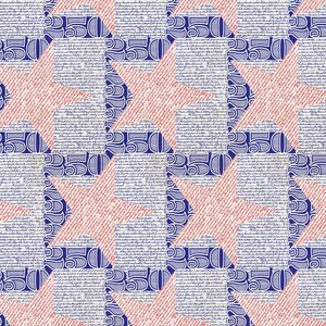 May include: A repeating pattern featuring a star shape in red with a textured design, set against a backdrop of blue and white elements. The design includes script and the number "50" in a stylized font, creating a patriotic theme.