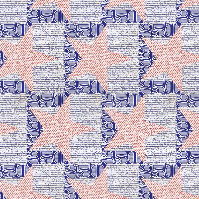 May include: A repeating pattern featuring a star shape in red with a textured design, set against a backdrop of blue and white elements. The design includes script and the number "50" in a stylized font, creating a patriotic theme.