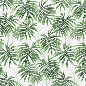 May include: A seamless pattern featuring green watercolor palm leaves on a white background. The leaves are arranged in a repeating pattern, creating a tropical feel.
