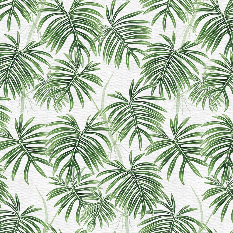 May include: A seamless pattern featuring green watercolor palm leaves on a white background. The leaves are arranged in a repeating pattern, creating a tropical feel.
