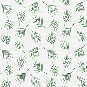 May include: A seamless pattern featuring green palm leaves on a white background. The leaves are arranged in a repeating pattern, creating a tropical feel.