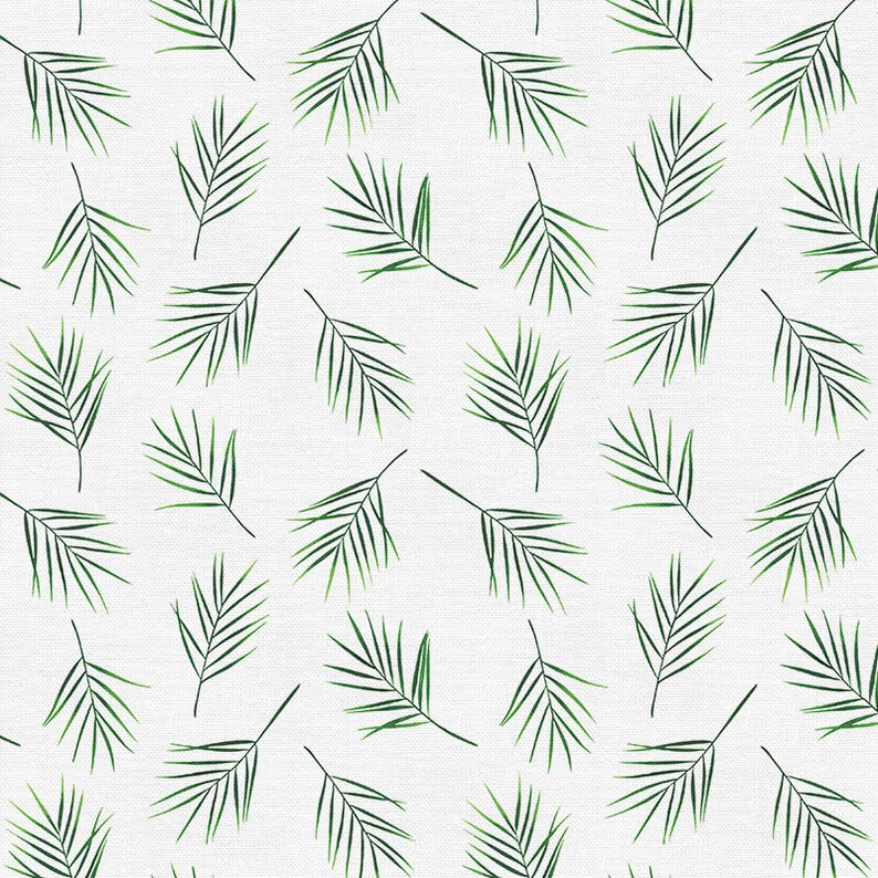 May include: A seamless pattern featuring green palm leaves on a white background. The leaves are arranged in a repeating pattern, creating a tropical feel.