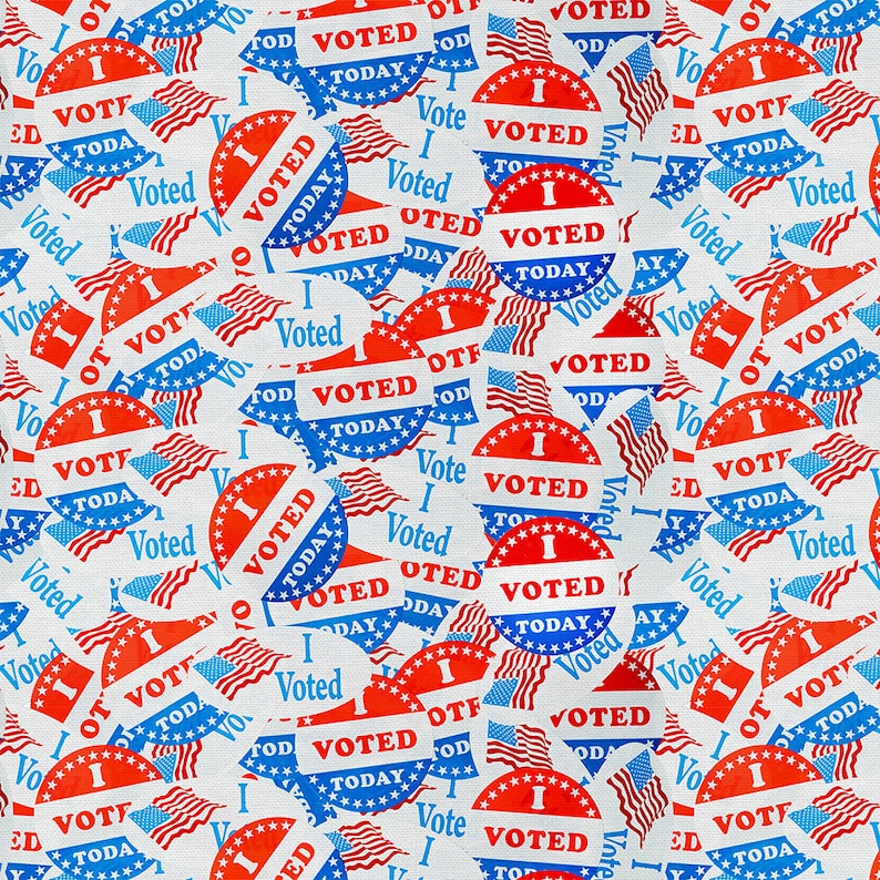 May include: A repeating pattern of red, white, and blue "I Voted" stickers. The stickers feature a star-spangled banner design and the text "I Voted" in bold, white letters.