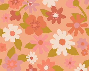 May include: A seamless pattern featuring a variety of colorful flowers in shades of pink, orange, and white on a peach background. The flowers are stylized and have a retro feel.