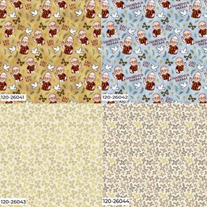 Peut inclure: Quatre motifs de tissu diff&eacute;rents sont pr&eacute;sent&eacute;s. Le motif sup&eacute;rieur gauche est beige avec des illustrations d'un pape, de colombes et le texte "LEO XIV". Le motif sup&eacute;rieur droit est bleu clair avec les m&ecirc;mes illustrations et le texte "HABEMUS PAPAM". Le motif inf&eacute;rieur gauche est beige avec des illustrations de croix. Le motif inf&eacute;rieur droit est beige avec des illustrations de croix.