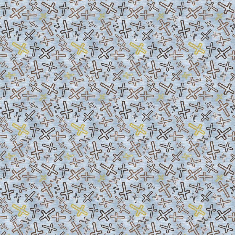 Peut inclure: Motif r&eacute;p&eacute;t&eacute; de croix dans des tons de marron et de jaune sur fond bleu clair. Les croix sont de tailles et d'orientations variables, cr&eacute;ant un motif textur&eacute;. Le motif convient au tissu ou au papier peint.