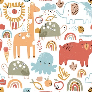 Puede incluir: Un patrón sin costuras colorido con una variedad de animales, incluyendo un león, una jirafa, un elefante, una tortuga y un pulpo. El patrón también incluye arcoíris, nubes y fruta.