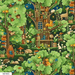 May include: A whimsical illustration of a forest with a treehouse library filled with books. Animals like squirrels, deer, foxes, and hedgehogs are reading books in the forest. The illustration is in a cartoon style with bright colors and a whimsical feel.