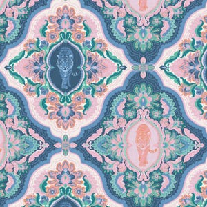 May include: A repeating pattern featuring a tiger in a medallion, surrounded by floral and paisley designs. The color palette includes shades of blue, pink, and teal on a cream background. The overall design has a vintage, bohemian aesthetic.