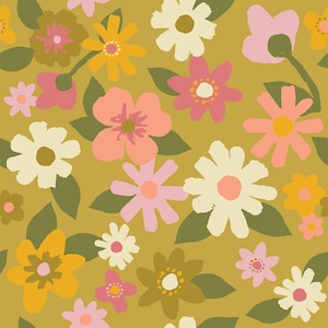 May include: A repeating pattern of stylized flowers in pink, peach, yellow, and cream, set against an olive-green background. The floral design includes daisies and other abstract blooms with green leaves.