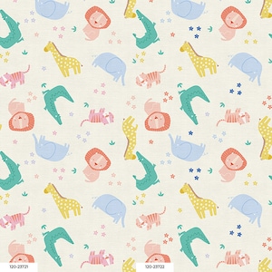 May include: A white background with a repeating pattern of colorful animals, including a giraffe, elephant, lion, tiger, and alligator. The animals are all cartoon-like and have a whimsical style.