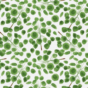 May include: A seamless pattern featuring watercolor illustrations of green round leaves with stems on a white background.
